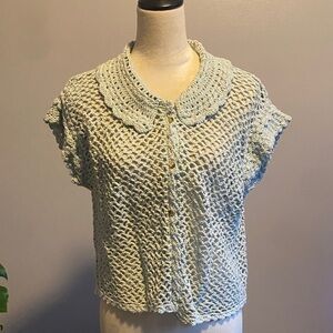 Light Mint Crochet Button-Front Top with Peter Pan Collar